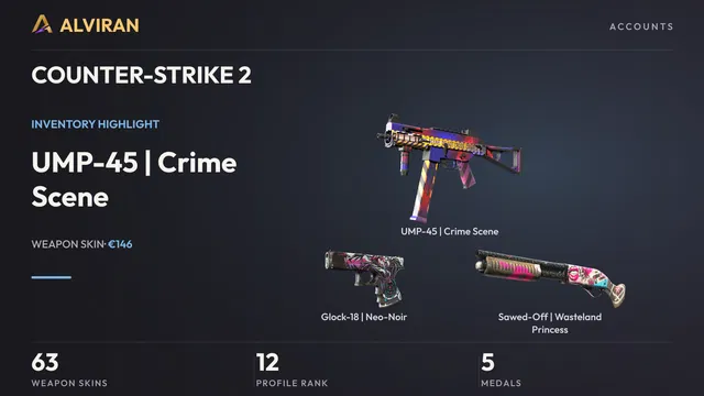 COUNTER-STRIKE 2 · Level 12 · UMP-45 | Crime Scene · Factory New, Glock-18 | Neo-Noir · Well-Worn, Sawed-Off | Wasteland Princess · Field-Tested