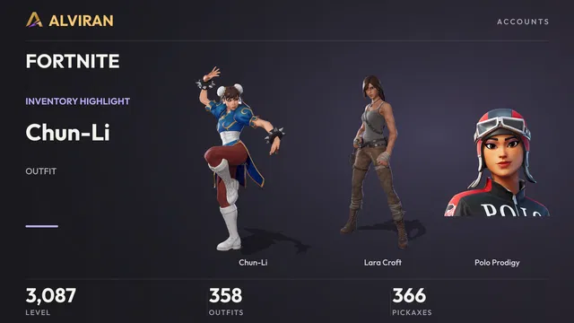 FORTNITE · Level 3087 · Chun-Li, Lara Croft, Polo Prodigy