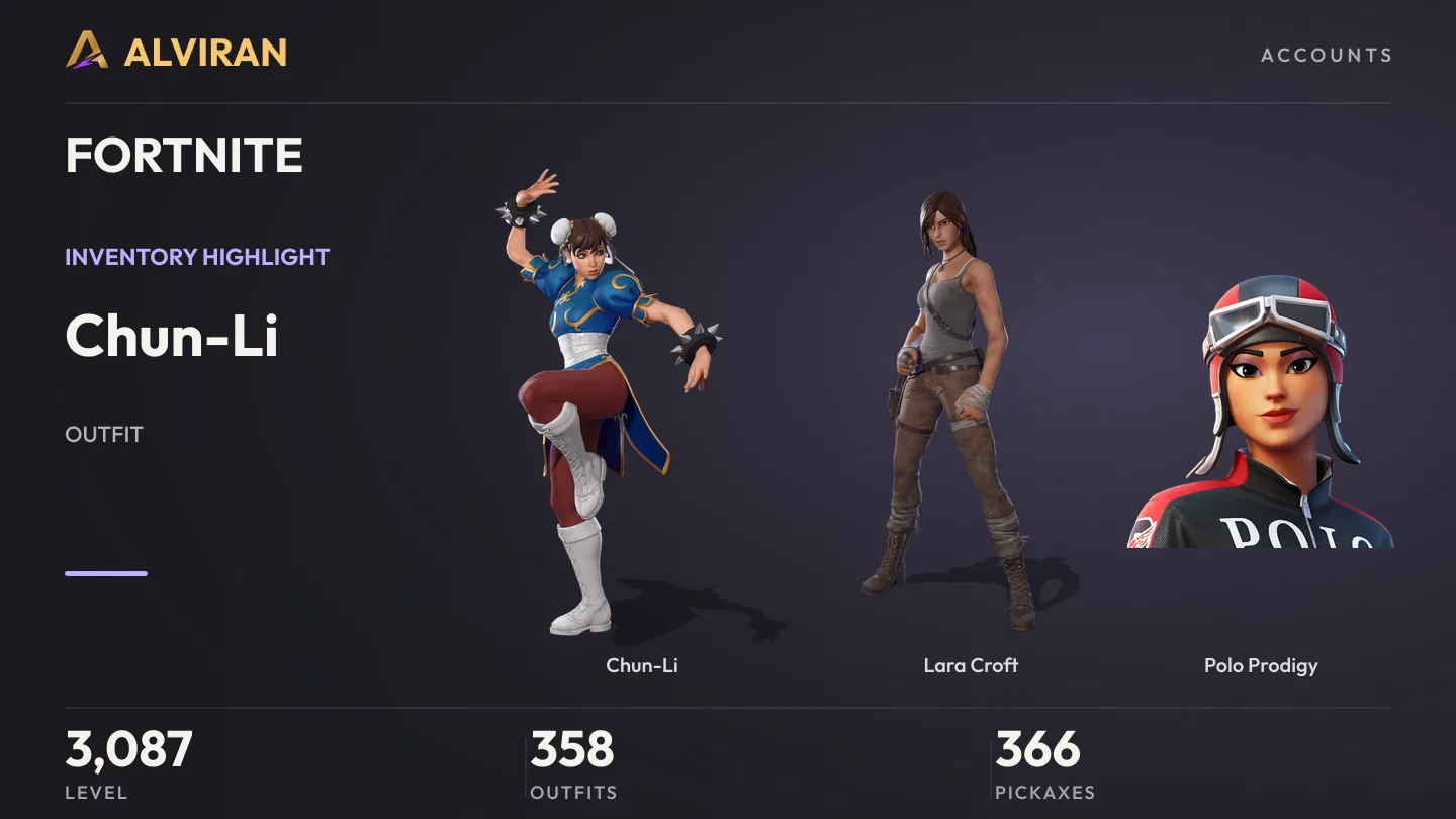 FORTNITE · Level 3087 · Chun-Li, Lara Croft, Polo Prodigy