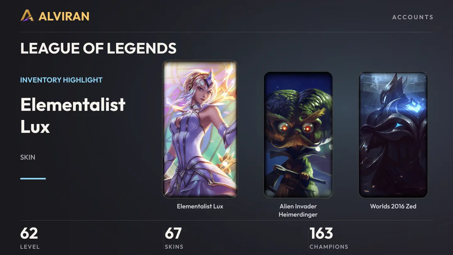 LEAGUE OF LEGENDS · Level 62 · Elementalist Lux, Alien Invader Heimerdinger, Worlds 2016 Zed
