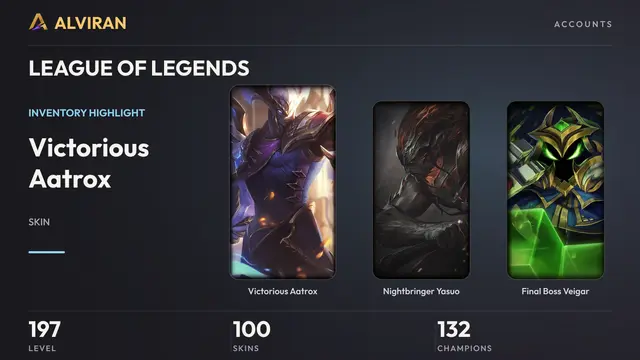 LEAGUE OF LEGENDS · Level 197 · Victorious Aatrox, Nightbringer Yasuo, Final Boss Veigar
