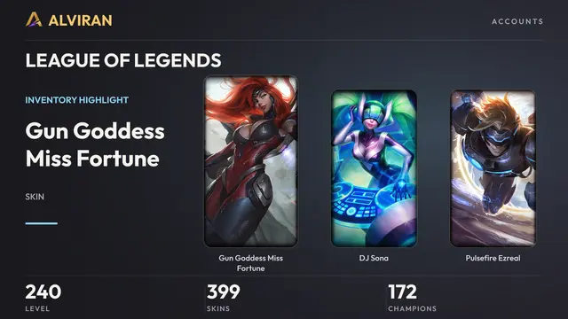 LEAGUE OF LEGENDS · Level 240 · Gun Goddess Miss Fortune, DJ Sona, Pulsefire Ezreal
