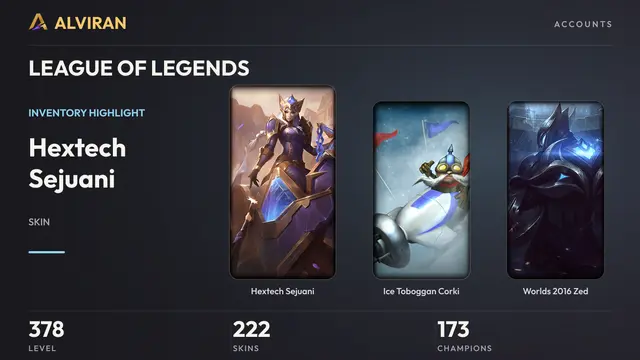 LEAGUE OF LEGENDS · Level 378 · Hextech Sejuani, Ice Toboggan Corki, Worlds 2016 Zed