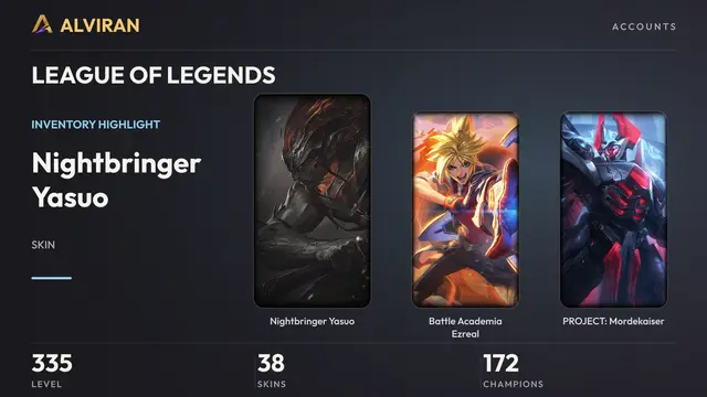 LEAGUE OF LEGENDS · Level 335 · Nightbringer Yasuo, Battle Academia Ezreal, PROJECT: Mordekaiser