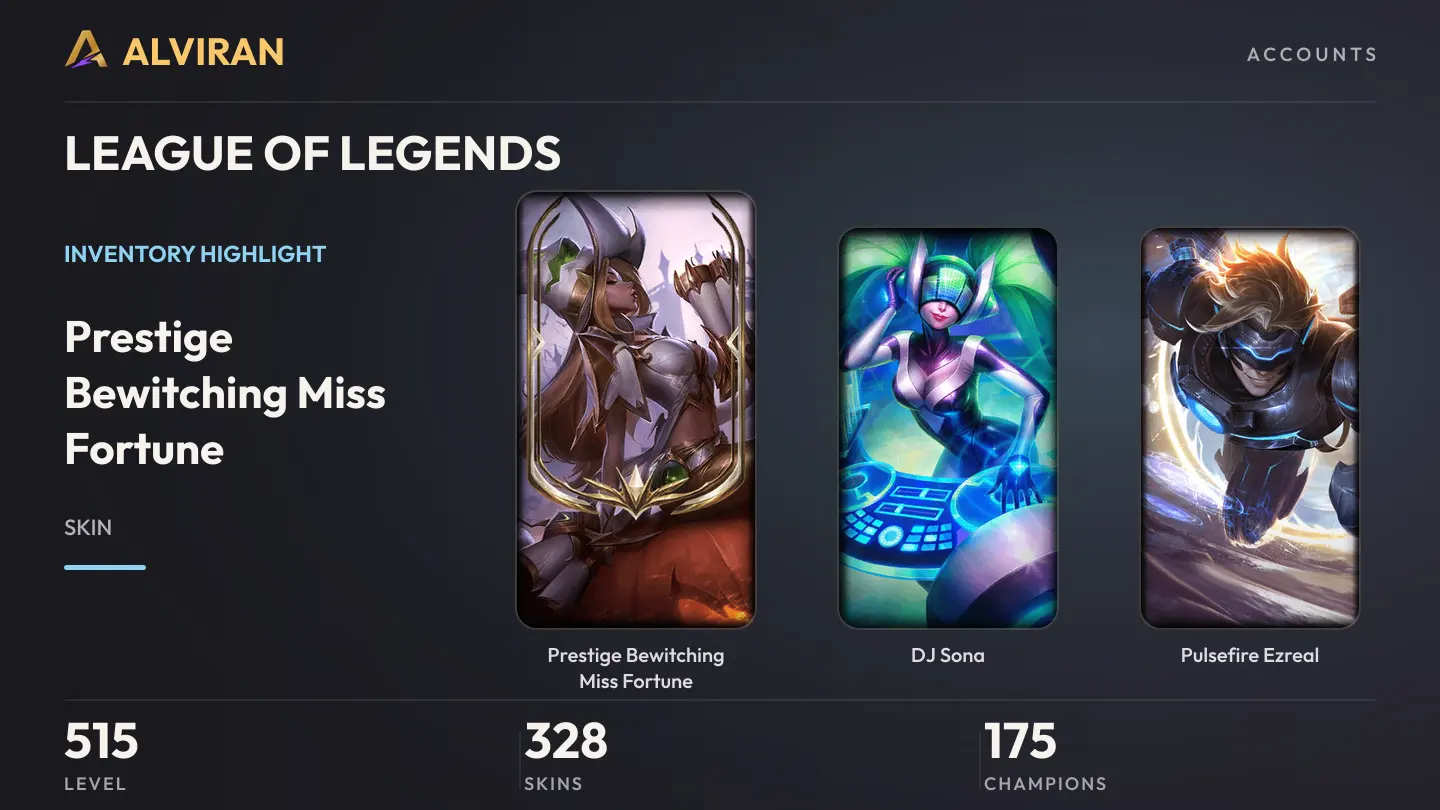 LEAGUE OF LEGENDS · Level 515 · Prestige Bewitching Miss Fortune, DJ Sona, Pulsefire Ezreal