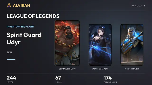 LEAGUE OF LEGENDS · Level 244 · Spirit Guard Udyr, Worlds 2017 Ashe, Hextech Swain