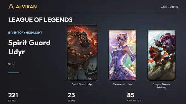 LEAGUE OF LEGENDS · Level 221 · Spirit Guard Udyr, Elementalist Lux, Dragon Trainer Tristana