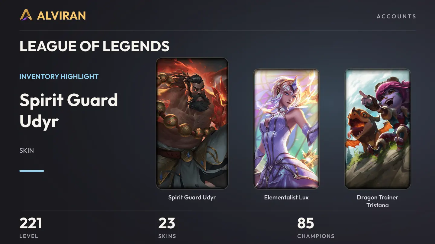 LEAGUE OF LEGENDS · Level 221 · Spirit Guard Udyr, Elementalist Lux, Dragon Trainer Tristana