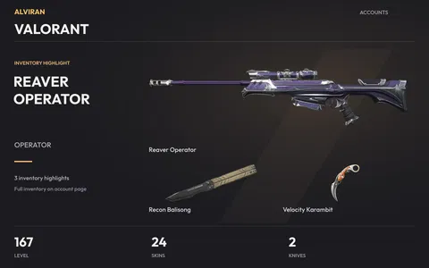 VALORANT · Level 167 · Reaver Operator, Recon Balisong · Melee, Velocity Karambit · Melee