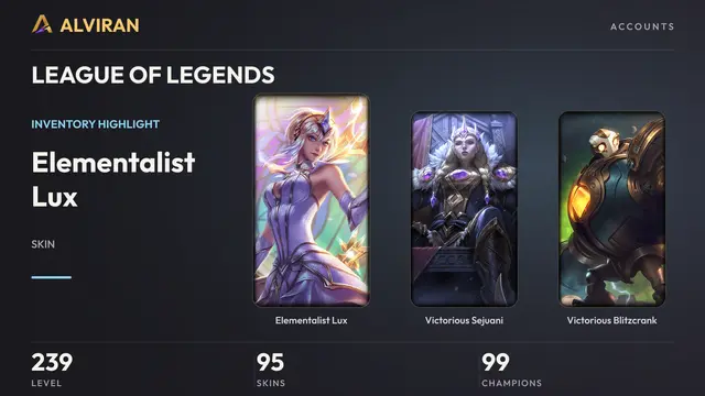 LEAGUE OF LEGENDS · Level 239 · Elementalist Lux, Victorious Sejuani, Victorious Blitzcrank