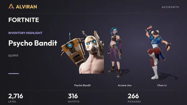 FORTNITE · Level 2716 · Psycho Bandit, Arcane Jinx, Chun-Li