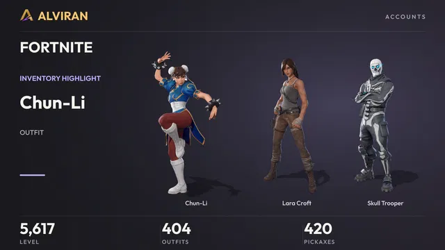 FORTNITE · Level 5617 · Chun-Li, Lara Croft, Skull Trooper