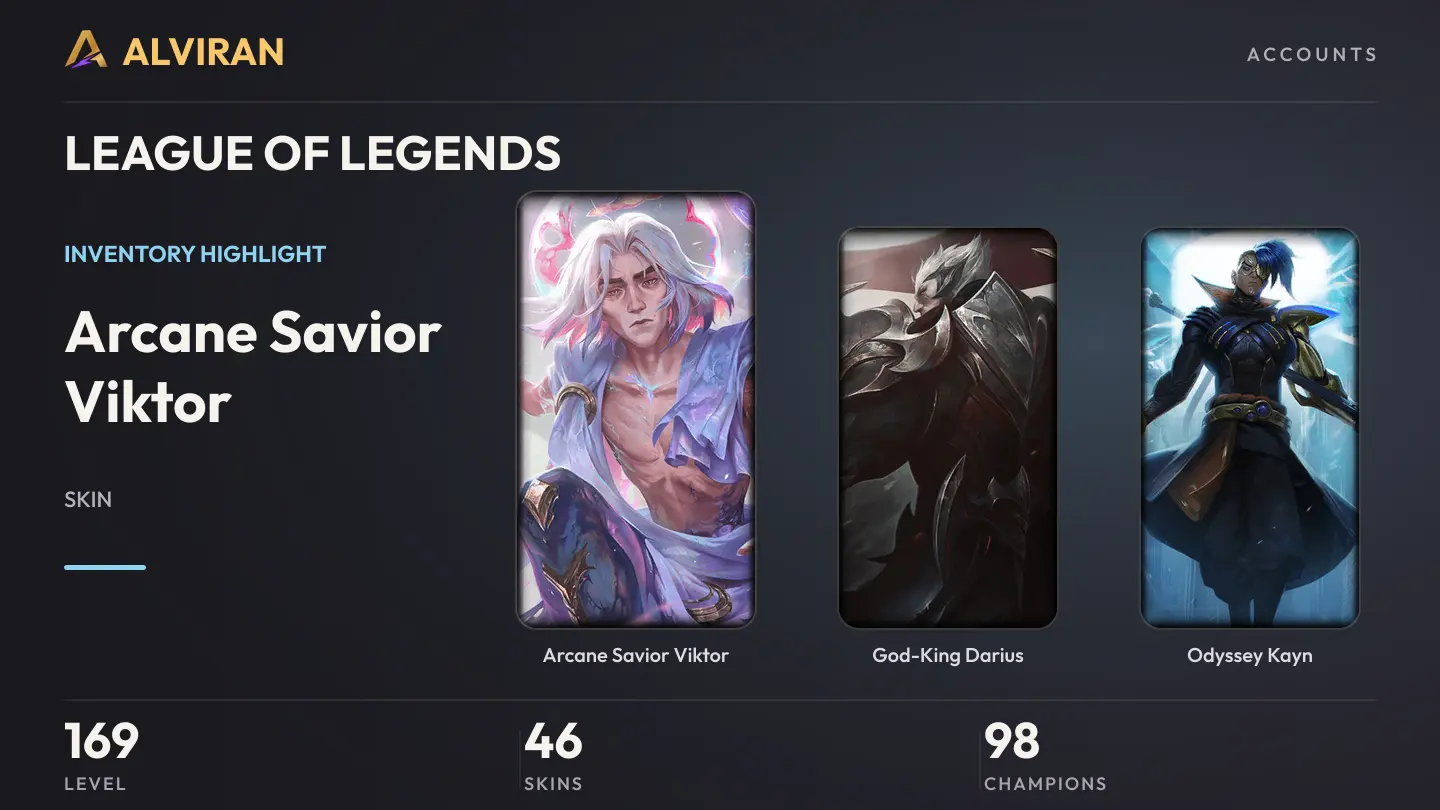 LEAGUE OF LEGENDS · Level 169 · Arcane Savior Viktor, God-King Darius, Odyssey Kayn