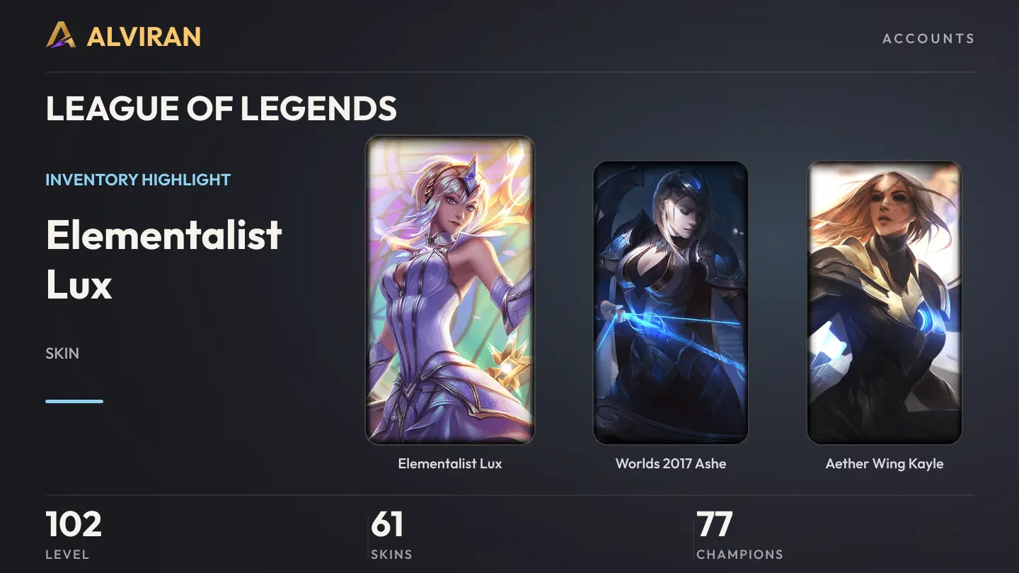 LEAGUE OF LEGENDS · Level 102 · Elementalist Lux, Worlds 2017 Ashe, Aether Wing Kayle