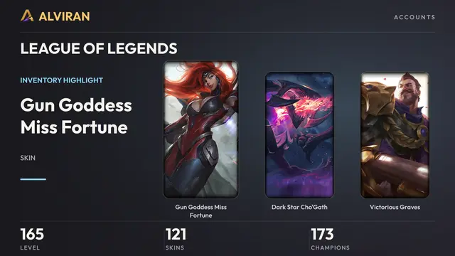 LEAGUE OF LEGENDS · Level 165 · Gun Goddess Miss Fortune, Dark Star Cho'Gath, Victorious Graves