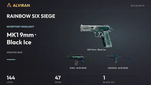 RAINBOW SIX SIEGE · Level 144 · Black Ice · MK1 9mm, ACID RAIN · G36C, ACID RAIN · UZK50GI