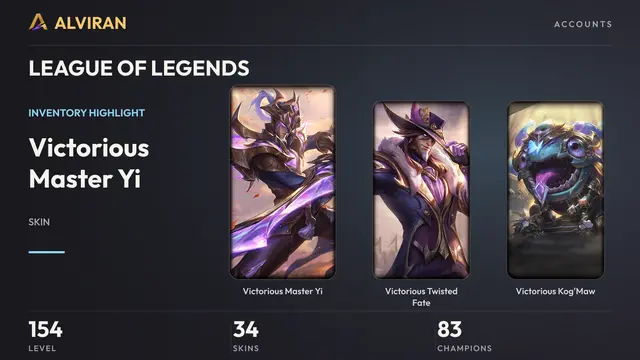LEAGUE OF LEGENDS · Level 154 · Victorious Master Yi, Victorious Twisted Fate, Victorious Kog'Maw