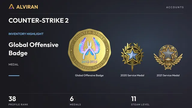 COUNTER-STRIKE 2 · Level 38 · Global Offensive Badge, 2020 Service Medal, 2021 Service Medal