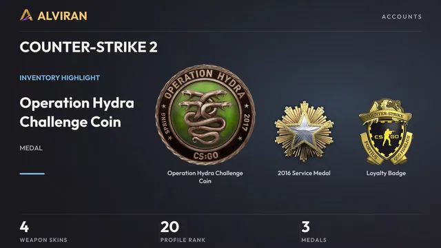 COUNTER-STRIKE 2 · Level 20 · Operation Hydra Challenge Coin, 2016 Service Medal, Loyalty Badge