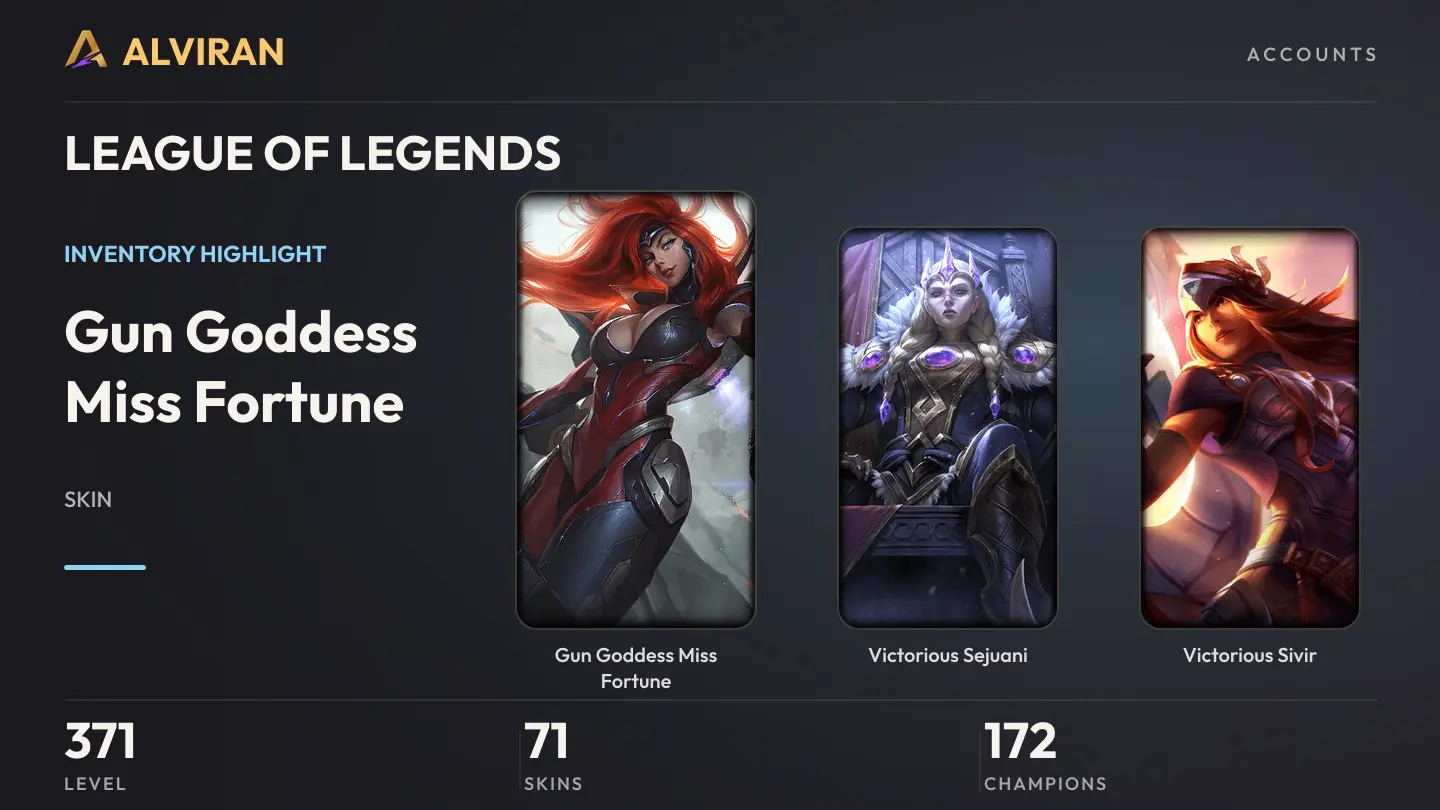 LEAGUE OF LEGENDS · Level 371 · Gun Goddess Miss Fortune, Victorious Sejuani, Victorious Sivir