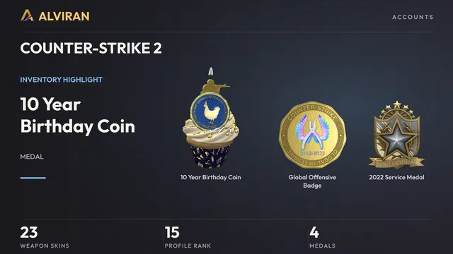 COUNTER-STRIKE 2 · Level 15 · 10 Year Birthday Coin, Global Offensive Badge, 2022 Service Medal