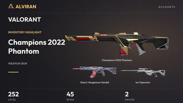 VALORANT · Level 252 · Champions 2022 Phantom, Gaia's Vengeance Vandal, Ion Operator