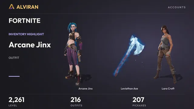 FORTNITE · Level 2261 · Arcane Jinx, Leviathan Axe, Lara Croft
