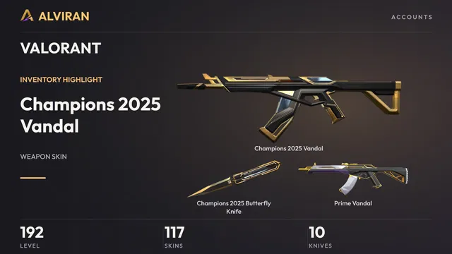 VALORANT · Level 192 · Champions 2025 Vandal, Champions 2025 Butterfly Knife · Melee, Prime Vandal