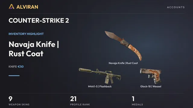 COUNTER-STRIKE 2 · Level 21 · Navaja Knife | Rust Coat · Battle-Scarred, M4A1-S | Flashback · Field-Tested, Glock-18 | Weasel · Minimal Wear
