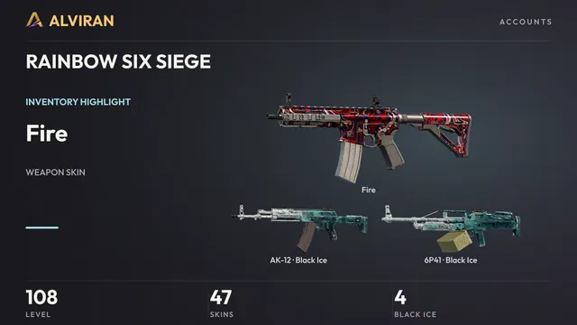 RAINBOW SIX SIEGE · Level 108 · Fire, Black Ice · AK-12, Black Ice · 6P41