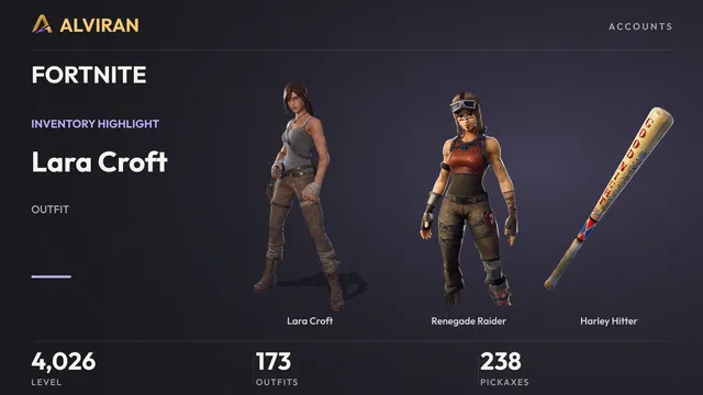 FORTNITE · Level 4026 · Lara Croft, Renegade Raider, Harley Hitter