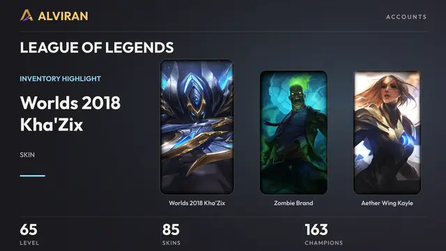 LEAGUE OF LEGENDS · Level 65 · Worlds 2018 Kha'Zix, Zombie Brand, Aether Wing Kayle