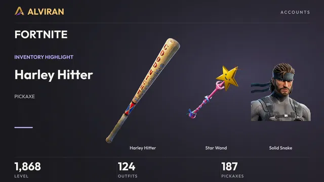FORTNITE · Level 1868 · Harley Hitter, Star Wand, Solid Snake