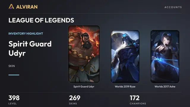LEAGUE OF LEGENDS · Level 398 · Spirit Guard Udyr, Worlds 2019 Ryze, Worlds 2017 Ashe