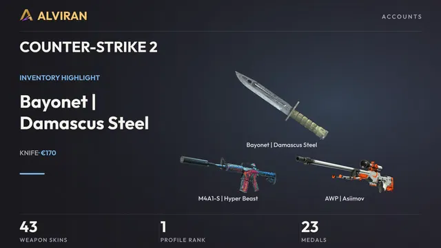 COUNTER-STRIKE 2 · Level 1 · Bayonet | Damascus Steel · Minimal Wear, M4A1-S | Hyper Beast · Field-Tested, AWP | Asiimov · Well-Worn