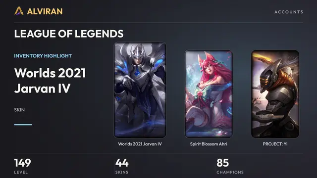 LEAGUE OF LEGENDS · Level 149 · Worlds 2021 Jarvan IV, Spirit Blossom Ahri, PROJECT: Yi