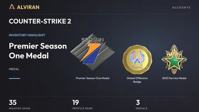 COUNTER-STRIKE 2 · Level 19 · Premier Season One Medal, Global Offensive Badge, 2023 Service Medal