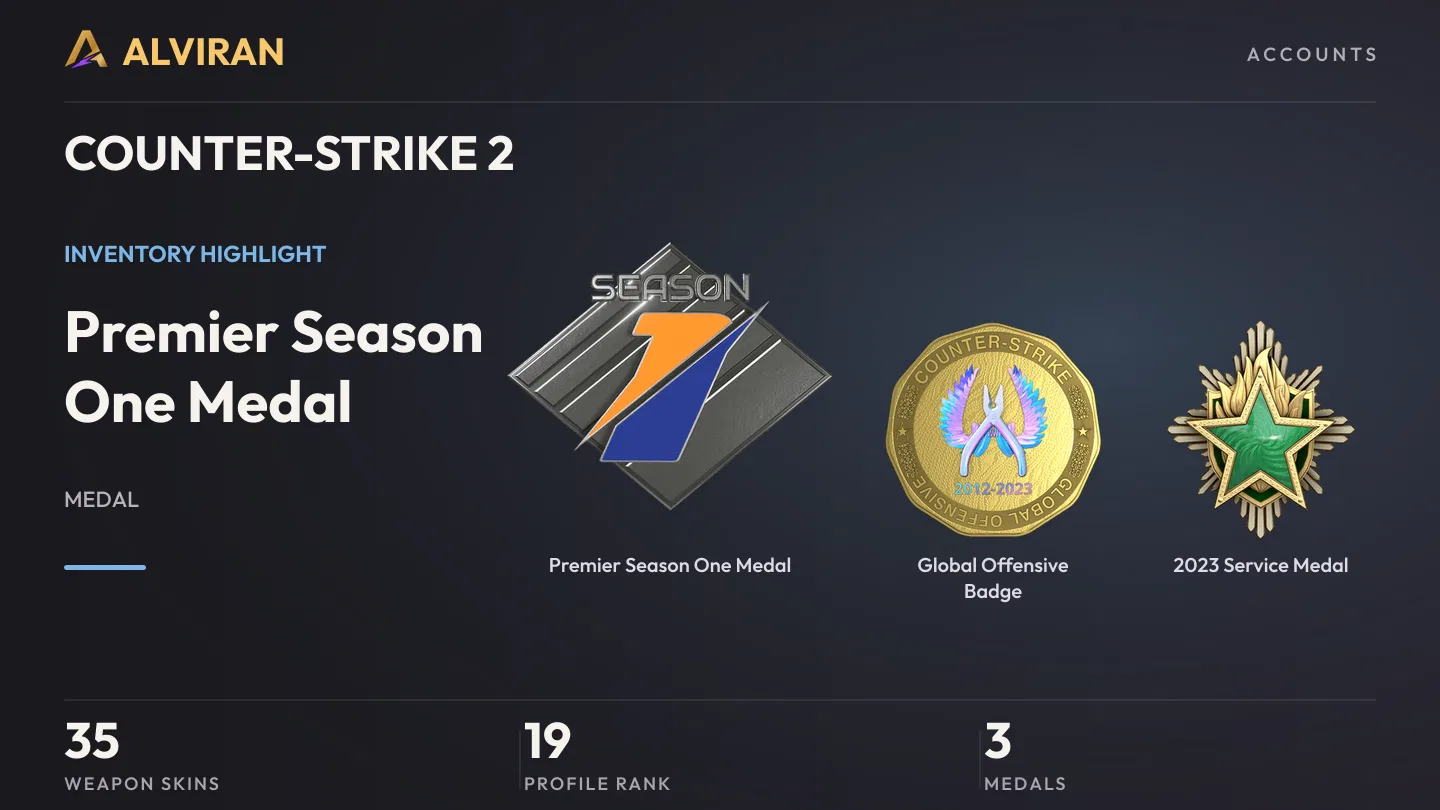 COUNTER-STRIKE 2 · Level 19 · Premier Season One Medal, Global Offensive Badge, 2023 Service Medal