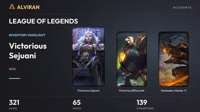 LEAGUE OF LEGENDS · Level 321 · Victorious Sejuani, Victorious Blitzcrank, Inkshadow Master Yi