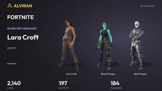 FORTNITE · Level 2140 · Lara Croft, Ghoul Trooper, Skull Trooper