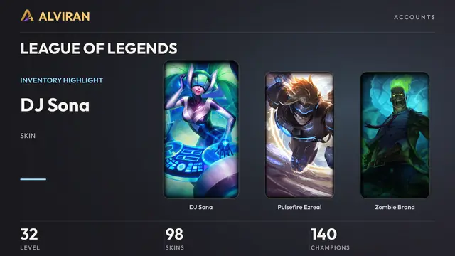 LEAGUE OF LEGENDS · Level 32 · DJ Sona, Pulsefire Ezreal, Zombie Brand