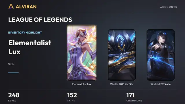LEAGUE OF LEGENDS · Level 248 · Elementalist Lux, Worlds 2018 Kha'Zix, Worlds 2017 Ashe