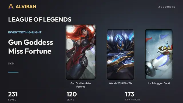 LEAGUE OF LEGENDS · Level 231 · Gun Goddess Miss Fortune, Worlds 2018 Kha'Zix, Ice Toboggan Corki