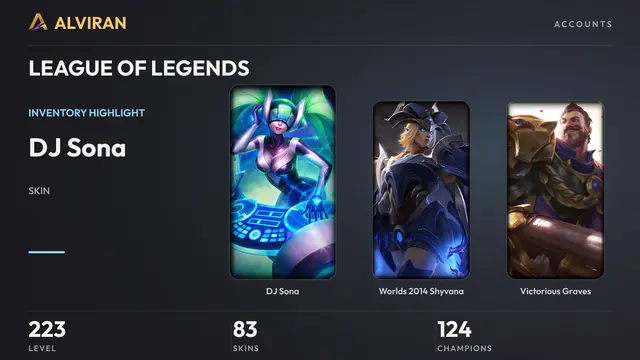LEAGUE OF LEGENDS · Level 223 · DJ Sona, Worlds 2014 Shyvana, Victorious Graves