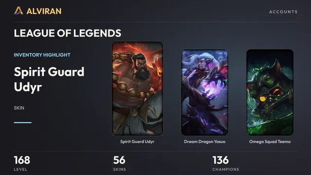 LEAGUE OF LEGENDS · Level 168 · Spirit Guard Udyr, Dream Dragon Yasuo, Omega Squad Teemo