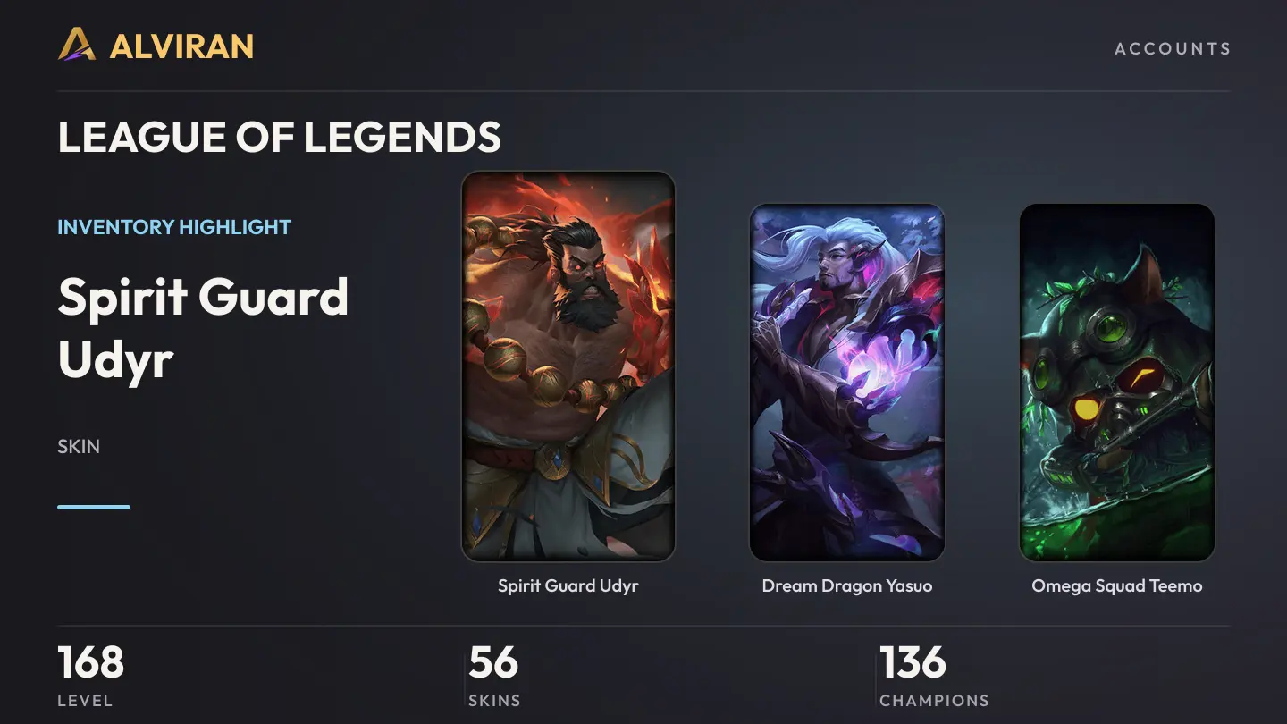 LEAGUE OF LEGENDS · Level 168 · Spirit Guard Udyr, Dream Dragon Yasuo, Omega Squad Teemo