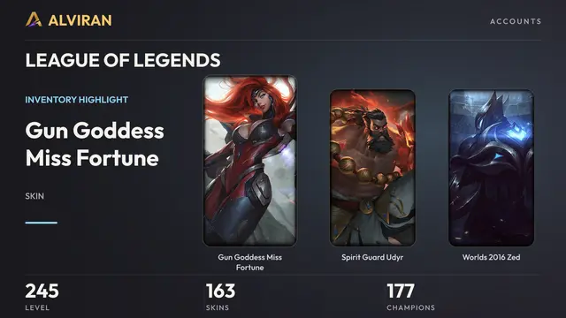 LEAGUE OF LEGENDS · Level 245 · Gun Goddess Miss Fortune, Spirit Guard Udyr, Worlds 2016 Zed