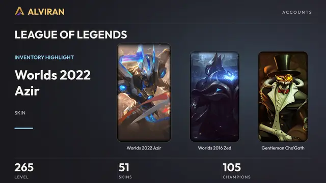LEAGUE OF LEGENDS · Level 265 · Worlds 2022 Azir, Worlds 2016 Zed, Gentleman Cho'Gath