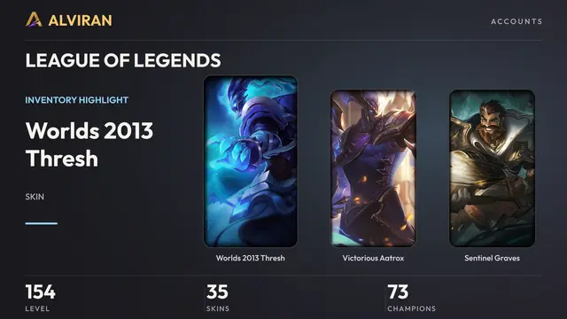 LEAGUE OF LEGENDS · Level 154 · Worlds 2013 Thresh, Victorious Aatrox, Sentinel Graves