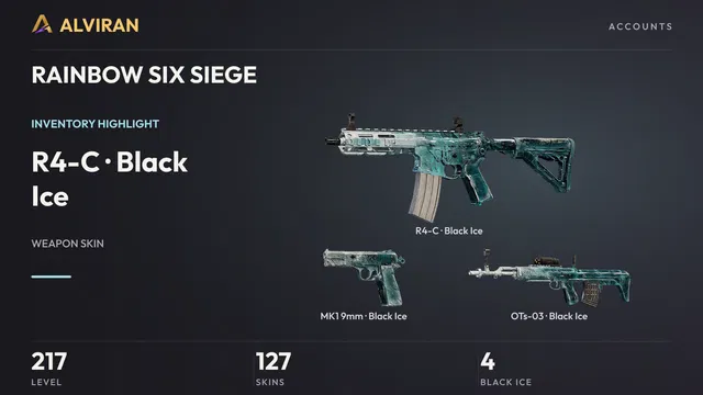 RAINBOW SIX SIEGE · Level 217 · Black Ice · R4-C, Black Ice · MK1 9mm, Black Ice · OTs-03